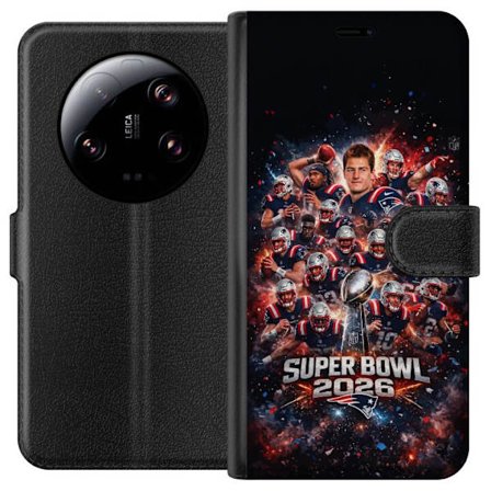 Yhteensopiva Lompakkokotelo Xiaomi 13 Ultra Super Bowl 2026 juliste, jossa New England Patriots ja NFL-mestaruuspalkinto räjähtävän urheilullisessa su