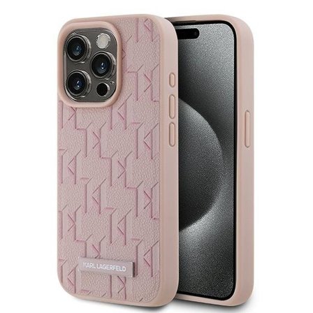 Karl Lagerfeld læderetui med monogram og metallogo til iPhone 15 Pro - pink