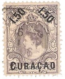 Curacao - 1,50 gulden op 2,50 gulden violetgrijs (nr. 28, gebruikt)