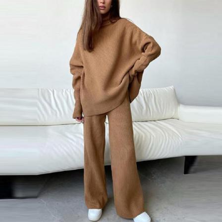 Dam Stickad Tvådelad Outfit Tröja Med Rund Hals + Byxor