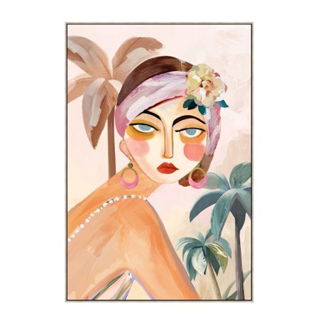 Lærredskunst med tropisk dame, 60x90 cm, flerfarvet