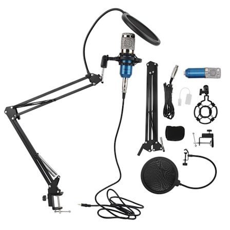 Kondensatormikrofonsett USB med fleksibel arm BM800 for PC Stasjonær Bærbar Datamaskin (Blå Sølv)