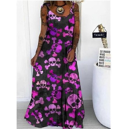 Naisten casual hihaton maxi-mekko, pääkallo- printed, löysä mekko Halloween-juhlissa Sling pitkä mekko
