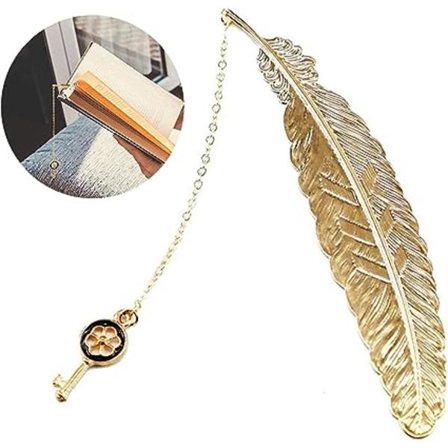 Metallfjærformet bokmerke 11,4 * 2,3 cm, gyllent retro bokmerke kreativt skallnøkkelbokmerke for menn og kvinnelige lesere, tenåringer, gutter og 