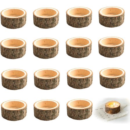 Sett med 15 lysestaker i tre, naturlige lysestaker, telysholder