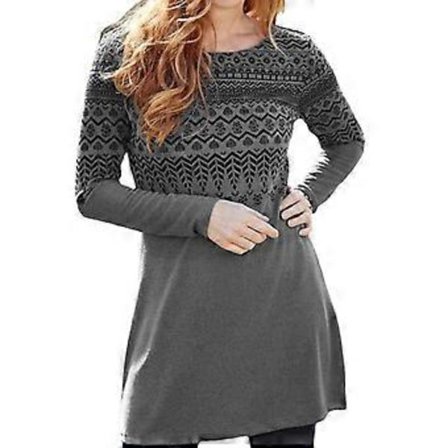 Tryckt tröja med rund hals för damer, långärmad A-linjeformad skjortklänning, avslappnad lös lång tunika, blusar, skjortor för leggings, Grå XXL