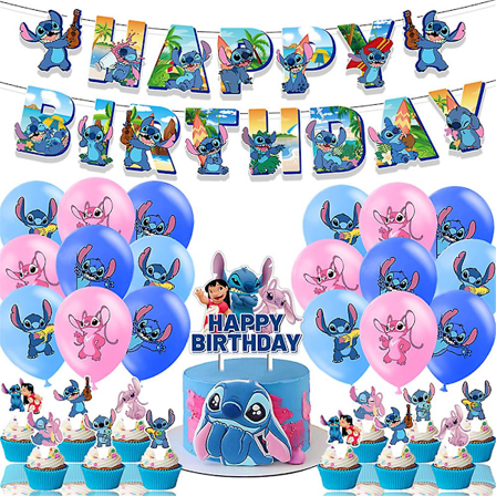Stitch & Lilo Fødselsdagsdekorationer Tegneserie Pink Blå Tema Balloner Sæt Banner Kage Cupcake Toppers Festartikler (FMY)-X47-