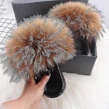 Sommer Pels Slippers Fluffy Søde Plys Damer Flip Flops Luksus Charmerende Sandaler