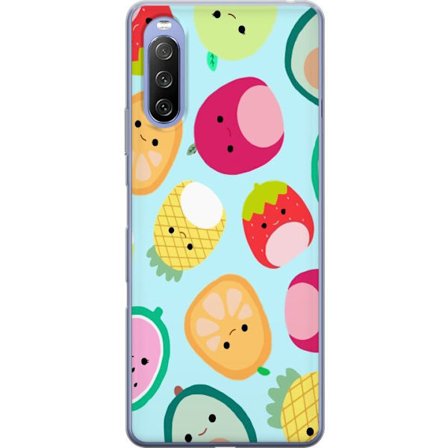 Yhteensopiva Puhelinkuori Sony Xperia 10 III Kawaii-hedelmien kuvioita, kuten mansikkaa, sitruunaa, ananasta ja avokadoa vaaleansinisellä taustalla