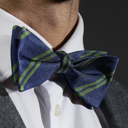 Papion self-tie din mătase bleumarin cu dungi duble verzi pentru bărbați - Papioane self-tie