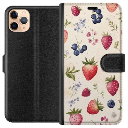 Kompatibel Tegnebogsetui til Apple iPhone 11 Pro Max Sommerlig bær mønster med jordbær, blåbær og blomster i akvarel stil - trendy og lys design i blø