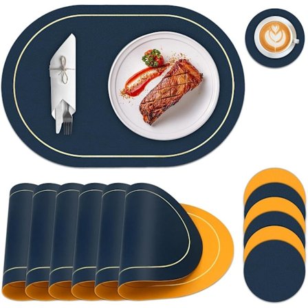 Dækkeservietter, 6 stk., Dobbeltsidet PU læder dækkeserviet, Varmebestandig og skridsikker, Marineblå og gul