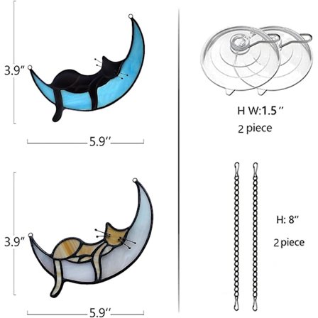 Sovande svart katt på månen målat glasfönsterhängningar, handgjorda målat glas katt solfångare dekoration, kattälskare för svart katt Halloween-