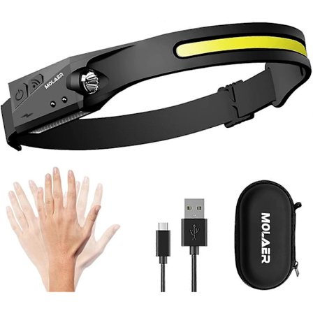 Laddningsbar LED-pannlampa, 230 graders belysning med rörelsesensor, lätt, väderbeständig, 2 ljuskällor pannlampa ficklampa för db