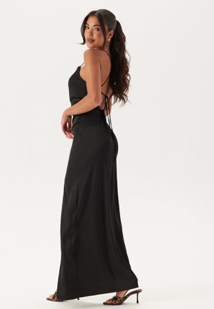 Bubbleroom Occasion Tie Back Satin Gown Black 44