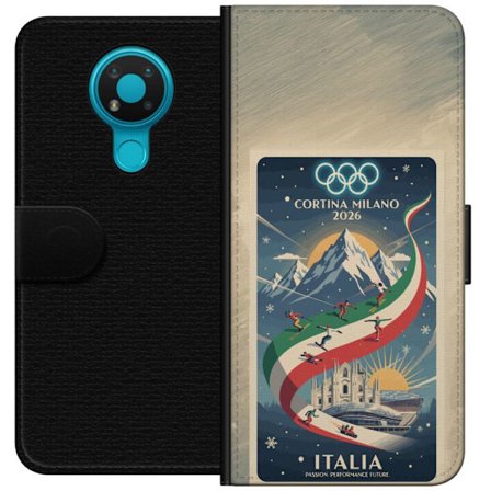 Yhteensopiva Lompakkokotelo Nokia 3.4 Mäkihyppykuvitus, jossa hiihtäjä tähtää kiväärillä lumisella radalla, teksti Milano Cortina 2026 ja olympialaist