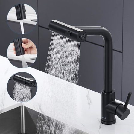 Sort vandfald køkkenarmatur, køkkenarmatur med udtrækkelig bruser med 3 tilstande, 360° drejelig, kan trækkes tilbage, i rustfrit stål