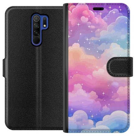 Kompatibelt Lommeboketui til Xiaomi Redmi 9 Søt enhjørning med regnbuefarget hår mot en stjernebelagt pastellbakgrunn i kawaii-stil