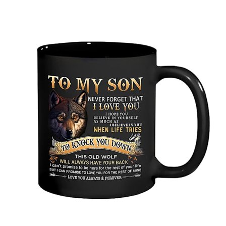 “Til min søn” Keramisk krus – 350 ml kapacitet, inspirerende ulvedesign med inderlig besked