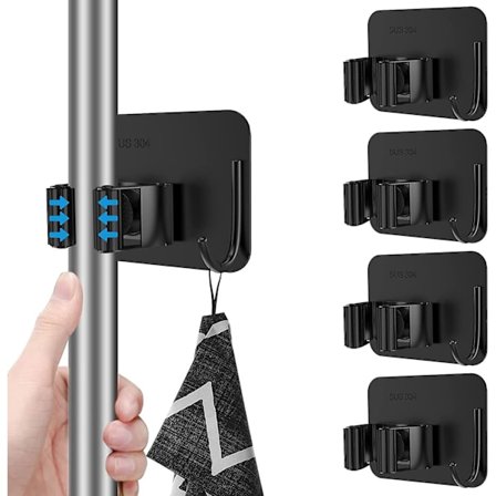 4-pack mopp- och kvasthållare, väggmonterad mopphållare utan borrning med krok, mopp- och kvastorganisatör för badrum, kontor, kök, garderob, garage