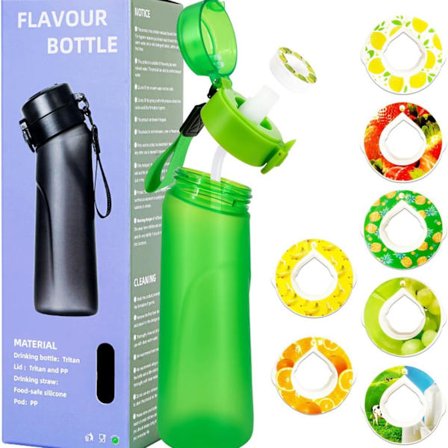 Ilmavesipullo, sisältää 7 makukapselia, 750 ml urheiluilmavesipullo, pillillä, tiivis juomapullo, hedelmän maku.