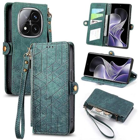 Telefondeksel i skinn med glidelåslommebok og geometriske linjer til Xiaomi Redmi Note 14 Pro 5G - Svart