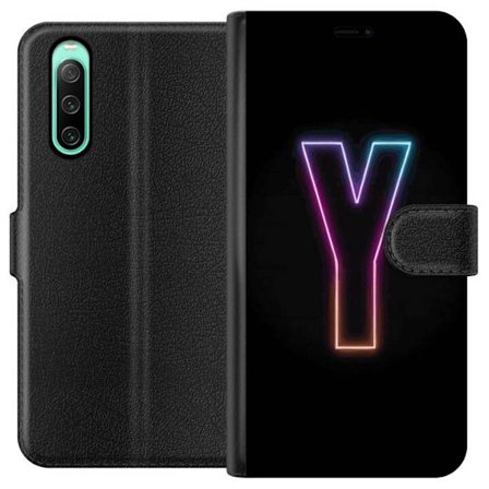 Yhteensopiva Lompakkokotelo Sony Sony Xperia 10 IV Minimalistinen neonkirjain Y värinvaihtuvassa valossa mustaa taustaa vasten