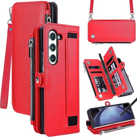 Fodral med dragkedja för Samsung Galaxy Z Fold 5, magnetiskt flipfodral i läder med S Pen-hållare, rem och korthållare