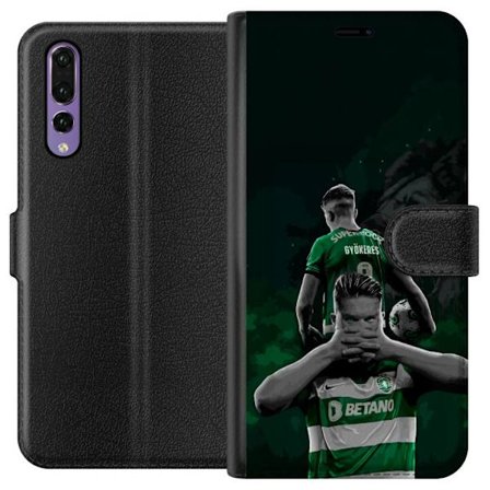 Yhteensopiva Lompakkokotelo Huawei P20 Pro Neonmotiivi, jossa teksti "Gaming is in my DNA" sinisenä ja punaisena tiiliseinällä, jossa loistava DNA-spi