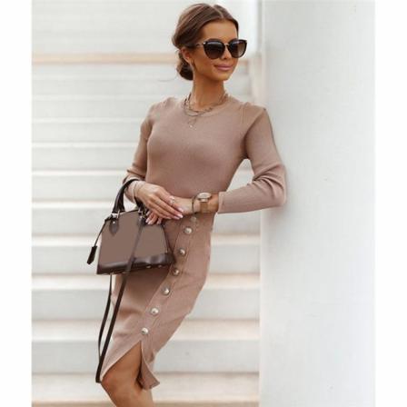 Damklänning Vinter Hip Sexig Slit Party Knappar Långärmad Basi