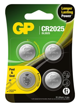 GP Lithium Cell Battery CR2025, 3V, Safety Seal, 4-pack