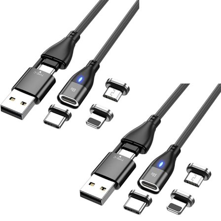 2 kpl USB-C 2m 3-in-1 magneettinen latauskaapeli 60W pikalataus musta