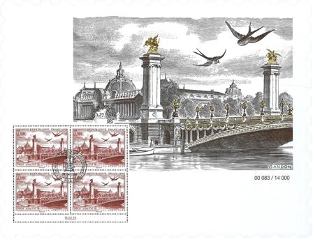 Frankrig - Udsigt over Paris 1949 - Udstillingsudgave Alexanderbroen og Grand Palais - Stemplet miniark