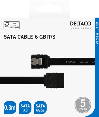 Deltaco SATA cable, SATA 3.0, 0.3m, black
