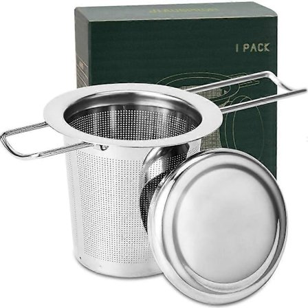 Te-infuser, 304 rostfritt stål tesil med lock och hopfällbart handtag, tefilter för tekannor koppar muggar för bryggning av lösa blad, 1-pack