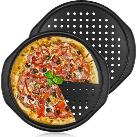 2 stk. 35 cm pizzabrett for ovn, non-stick pizzapanner, runde perforerte pizzabrett for ovn, karbonstål bakebrett med håndtak, svart