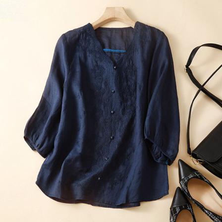 Kvinnor Långärmad Enfärgade Knappar Pullover V-ringad T-shirt