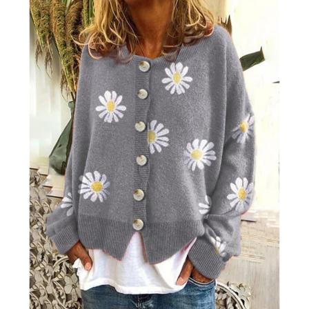 Dame Strikket Trøje Daisy Mønster Knap Trim Rund Hals Løs Pasform Pullover Trøje Grå XL