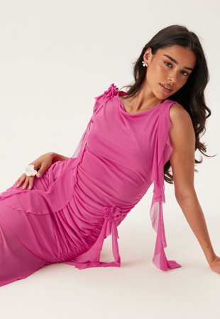 Bubbleroom Occasion - Ruched Frill Ankle Dress - Pink - Kläder
