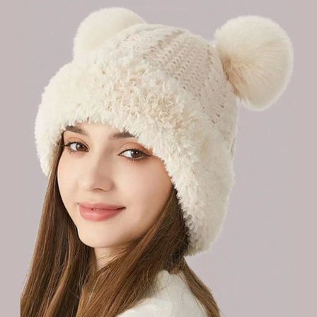 Vinterstrikket hue til kvinder, vindtæt og varm foret hue, sød ørebeskyttende plys vinterhue.