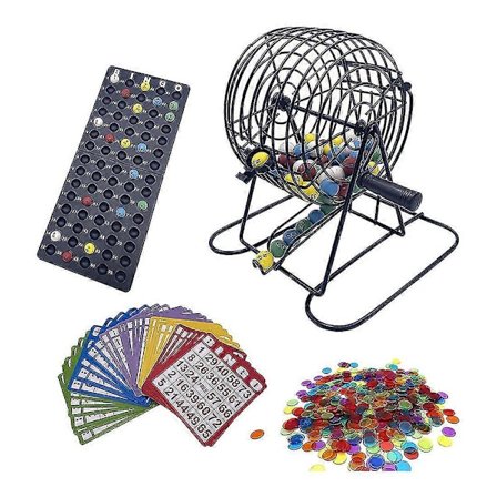 Deluxe Bingospelset med 15 cm bingobur, bingomästarkort, 75 färgade bollar, 50 bingobrickor