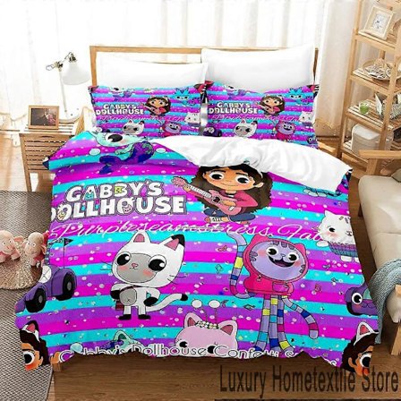 v222 Sengesett Tegneserie Gabbys Dukkehus Sengetøy Sett, Dynetrekk Dyne Sengetøy Sett Dynetrekk Putetrekk, King Queen Twin Størrelse Gutter Jenter 