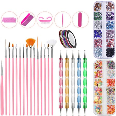 Neglekunst-sæt, neglekunst-sæt med 15 pensler, 5 prikkepenne, 10 strimler, 3 æsker med negle-rhinestone, professionelt neglekunst-tilbehørssæt