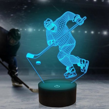 Hockey nattlys, ishockey spiller 3D illusjonslampe for gutteværelse dekor med fjernkontroll + berøring 16 farger blinkende skiftende skrivebordslamper
