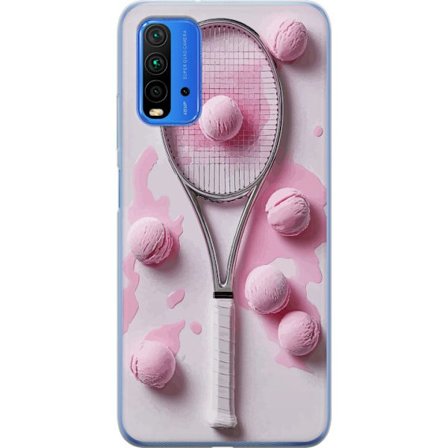 Kompatibel Mobilcover til Xiaomi Xiaomi Redmi 9T Rosa glaskugler og tennisketsjer i et kreativt stillbillede med legende popfølelse og moderne design