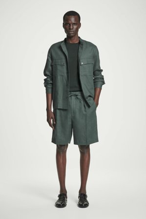 COS Men's Tailored Drawstring Linen Shorts in Green