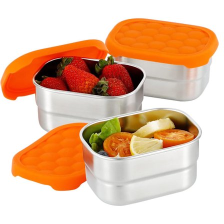 3-pack Fräschörlåda Orange Silikon Mjukt Lock 304 Rostfritt Stål Matförvaringslåda Kylskåp Frys