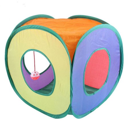 Kattetunnel med tipi-telt og tre sideporter for innekatter, kattunger, små hunder, sammenleggbart regnbue-lekehus[D]