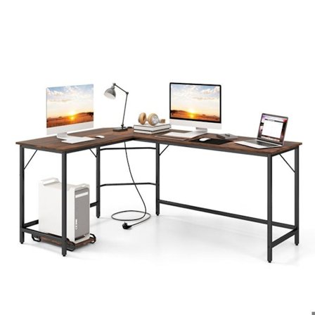 COSTWAY 168 x 125 cm hjørneskrivebord med CPU-holder, 2 strømstik og USB & Type C-port, robust metalramme, brun