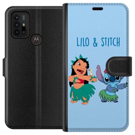 Kompatibel Tegnebogsetui til Motorola Moto G30 Farverig illustration af Lilo og Stitch, der danser hula i græsskjorter